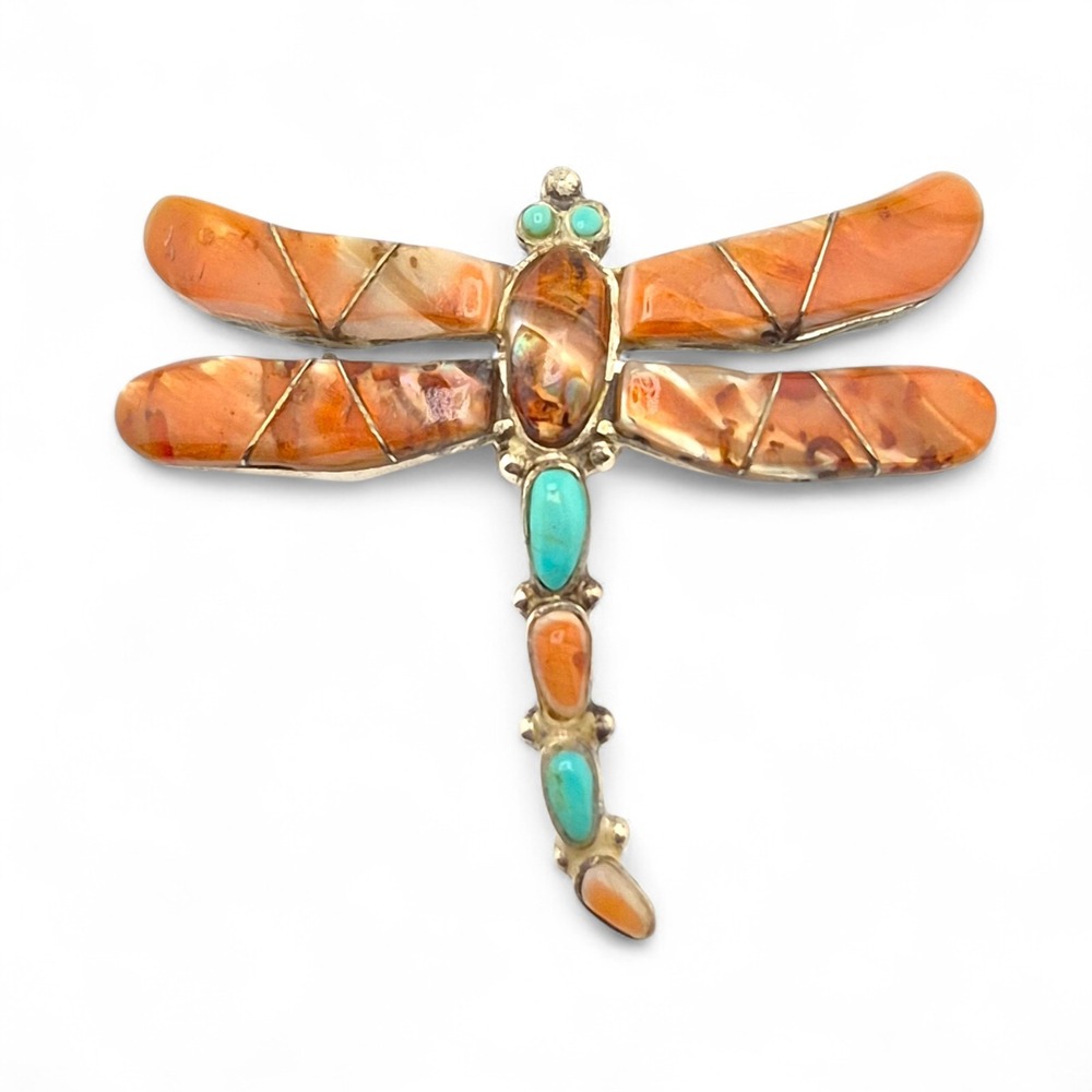 Native Zuni Sterling Silver Dragonfly Brooch Pendant Spiny Oyster Turquoise 1.7"